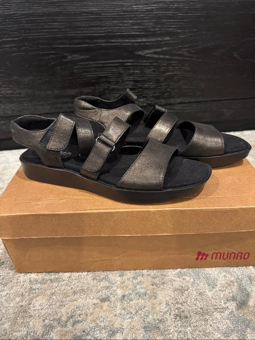 Munro Metallic Black Velcro Strap Sandals - Picture 4 of 6